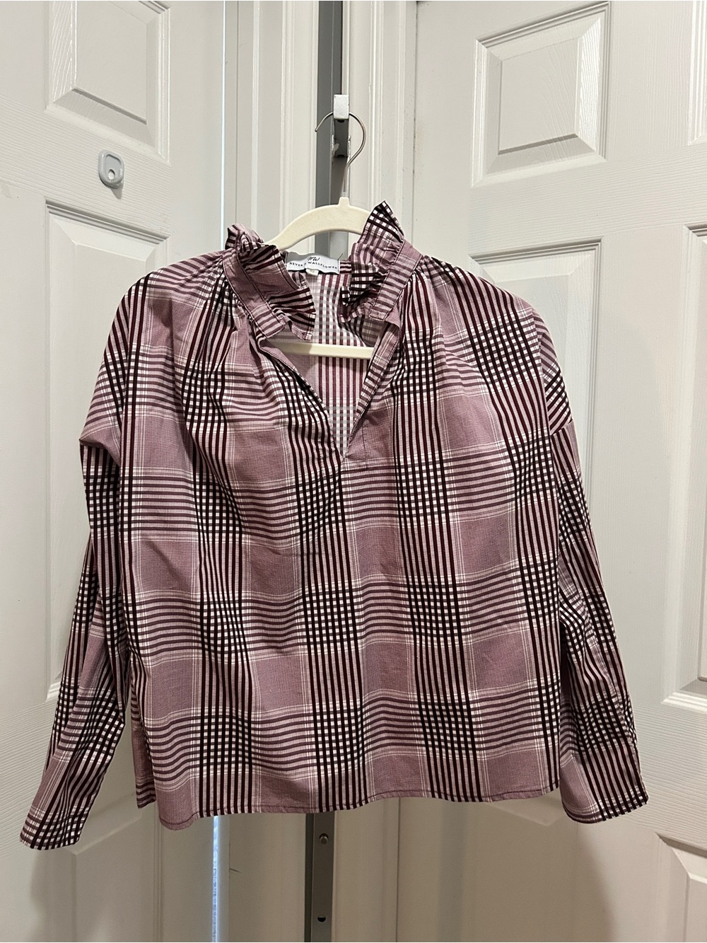 Tuckernuck Blouse by Never a Wallflower Plaid Ruffleneck Burgundy Vicki XS